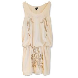 VERY J Cream Floral Mesh Cut Out Blouson Cream Dress SMALL Boho Neutral Eyelet